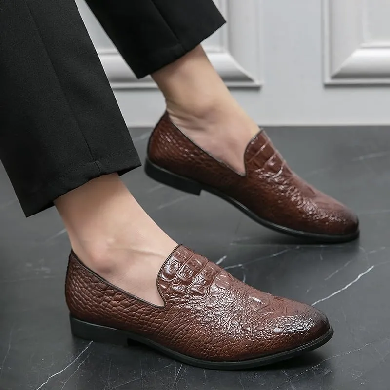 Dress Oxford Shoes for Men Slip On Round Burnished Toe Vegan Leather Crocodile Print Resistant Non Slip Block Heel Anti-Slip Working