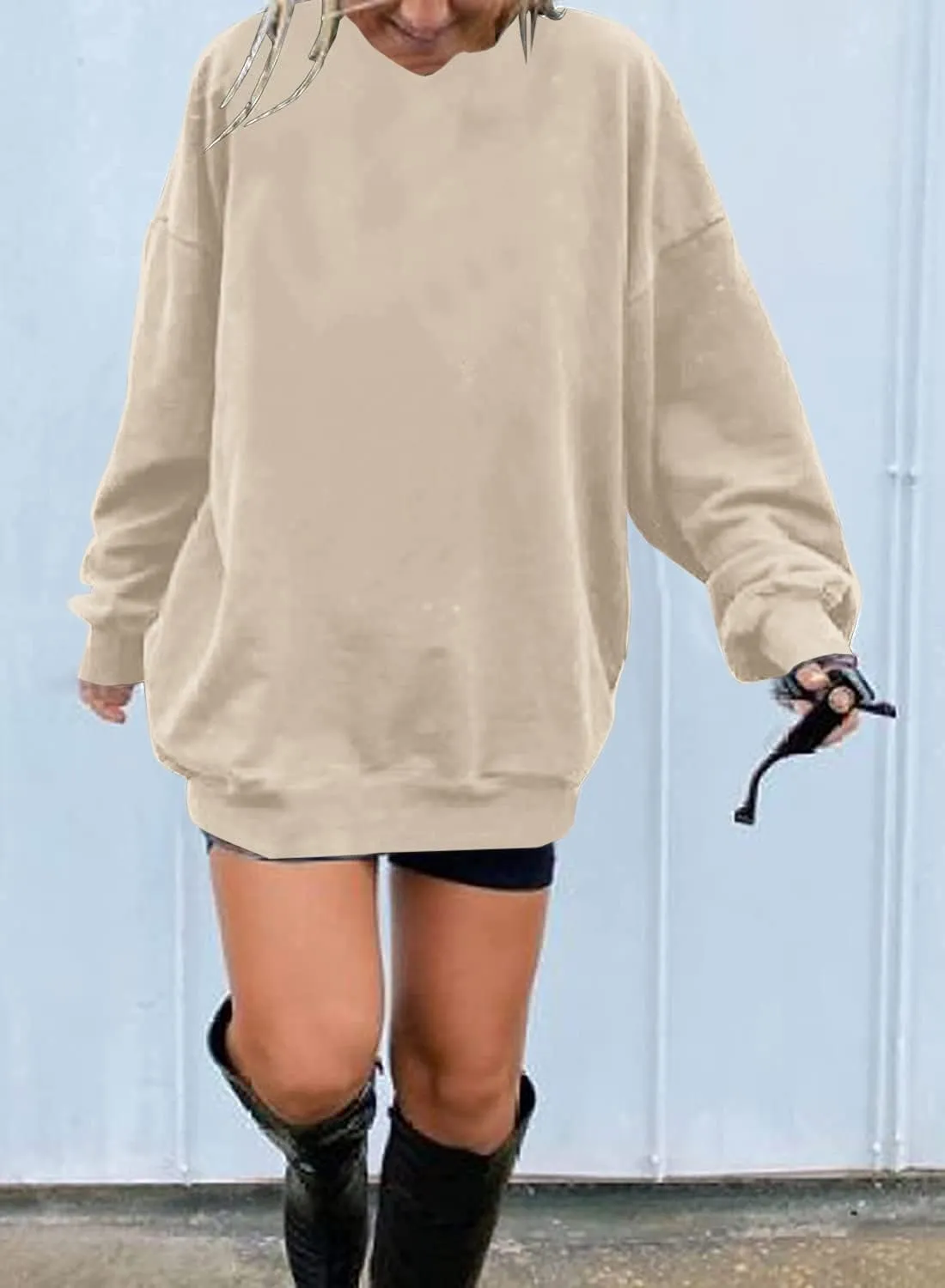 Ebifin Women's Oversized Long Sleeve Sweatshirts Pure Color Round Neck Casual Pullover Shirt