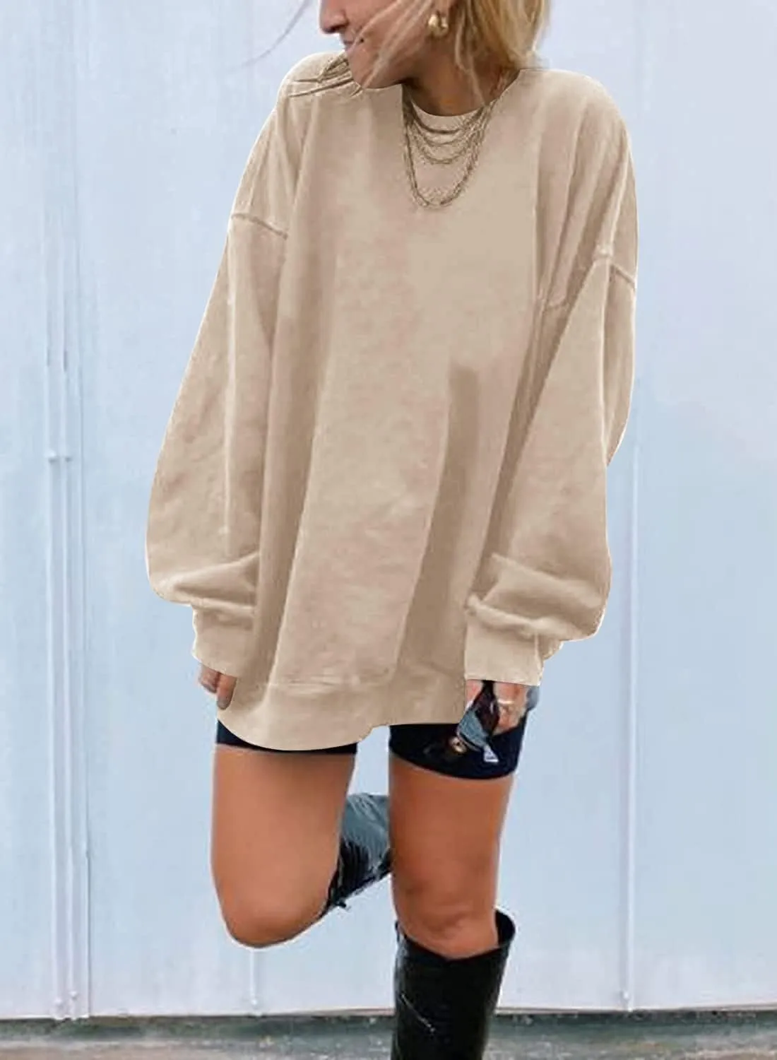 Ebifin Women's Oversized Long Sleeve Sweatshirts Pure Color Round Neck Casual Pullover Shirt