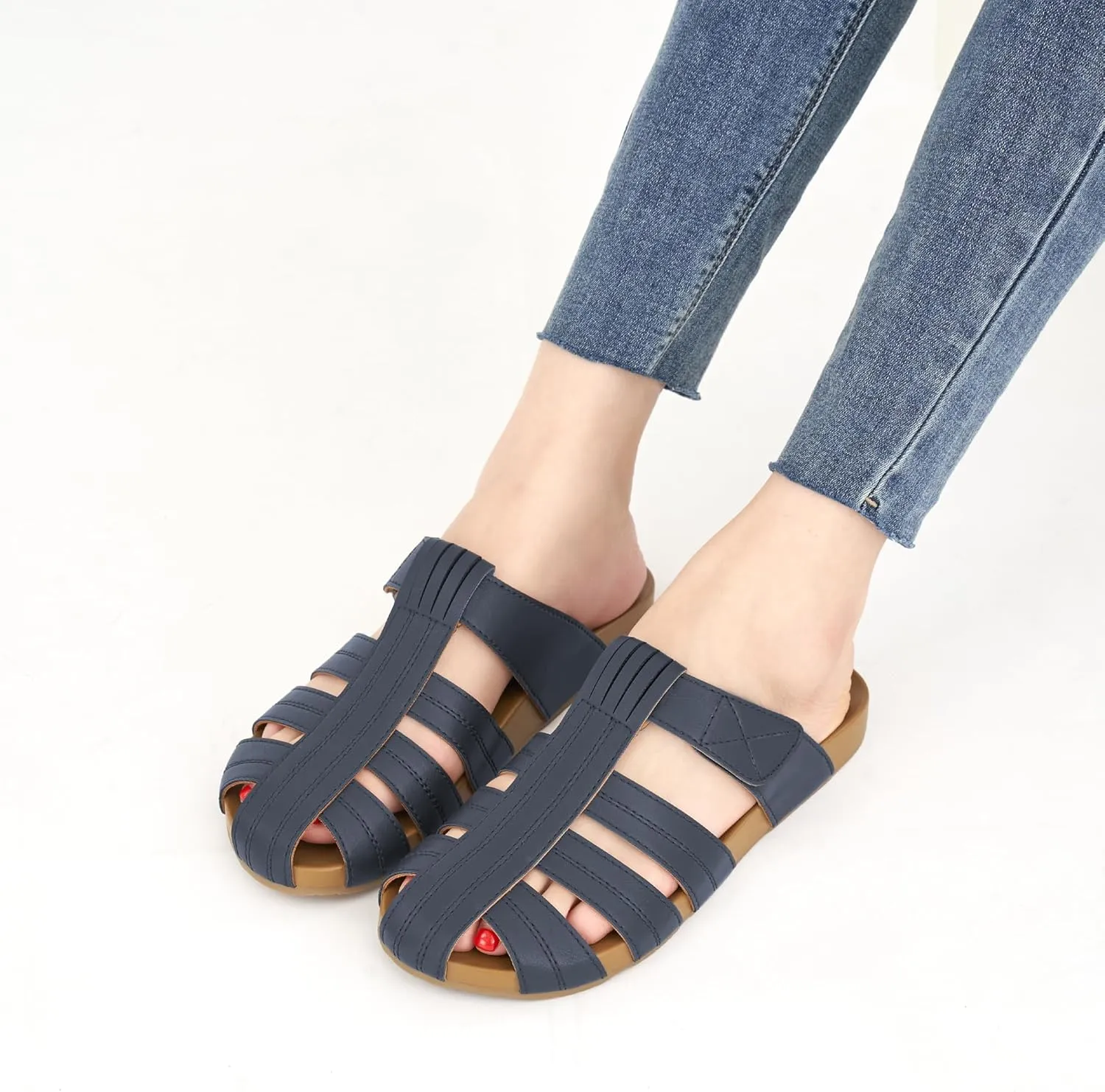 Ecetana Womens Clogs Flat Sandals Dressy Summer Comfortable Closed Toe Mules Breathable Adjustable Slip On Shoes