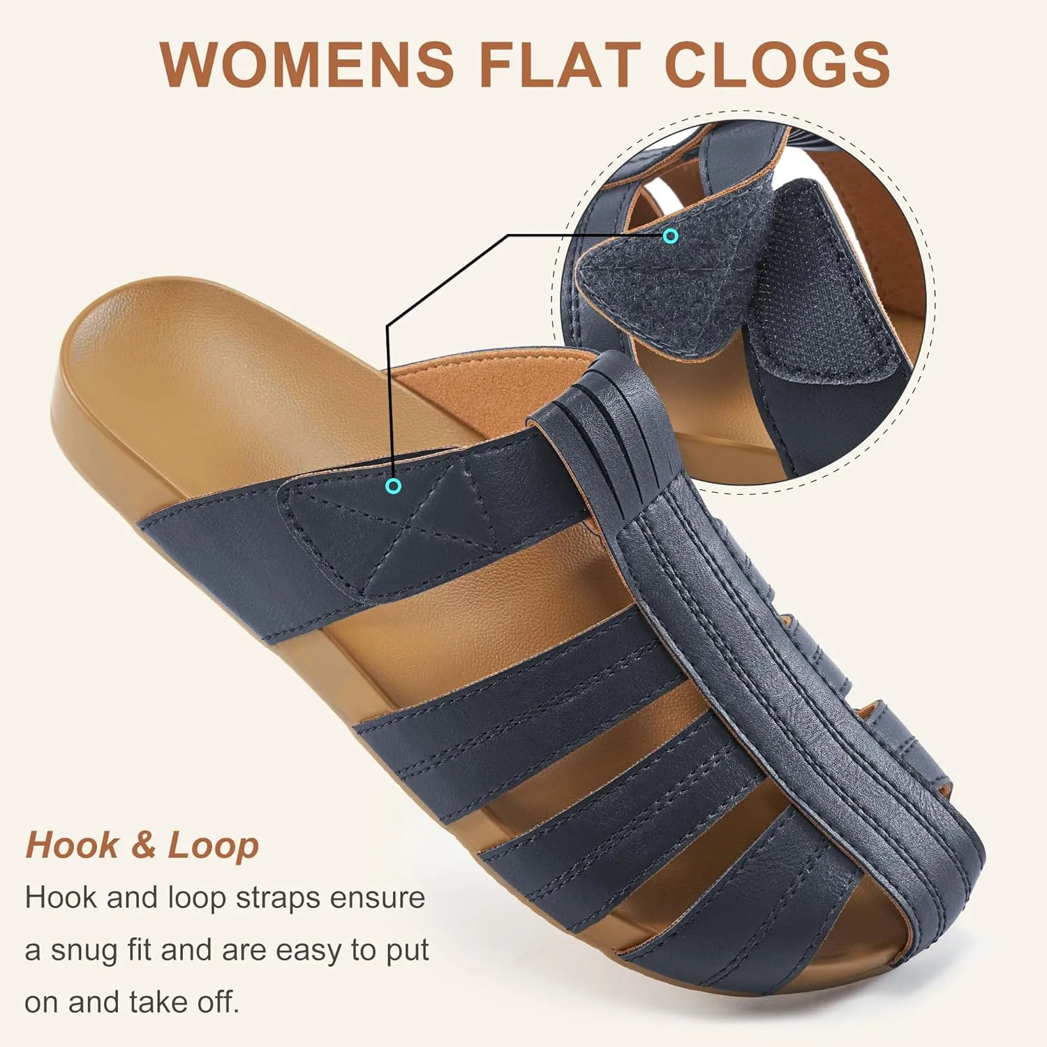 Ecetana Womens Clogs Flat Sandals Dressy Summer Comfortable Closed Toe Mules Breathable Adjustable Slip On Shoes