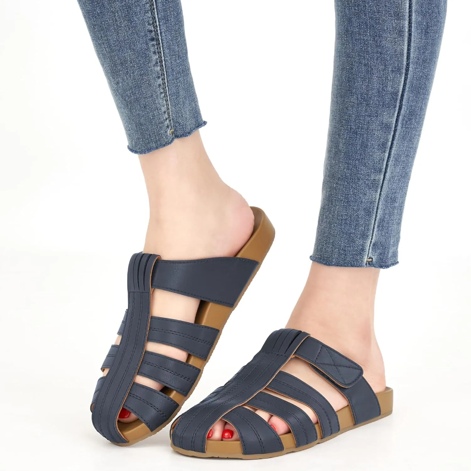 Ecetana Womens Clogs Flat Sandals Dressy Summer Comfortable Closed Toe Mules Breathable Adjustable Slip On Shoes