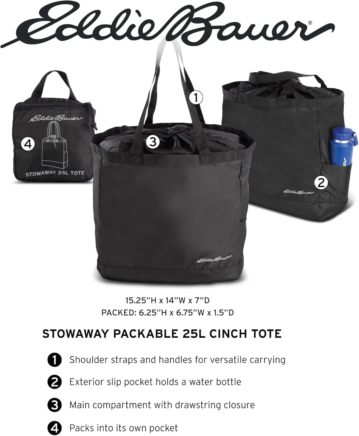 Eddie Bauer Stowaway Packable Tote Bag | Lightweight | Compact | Cinch Closure | Ripstop Nylon | 25l Capacity