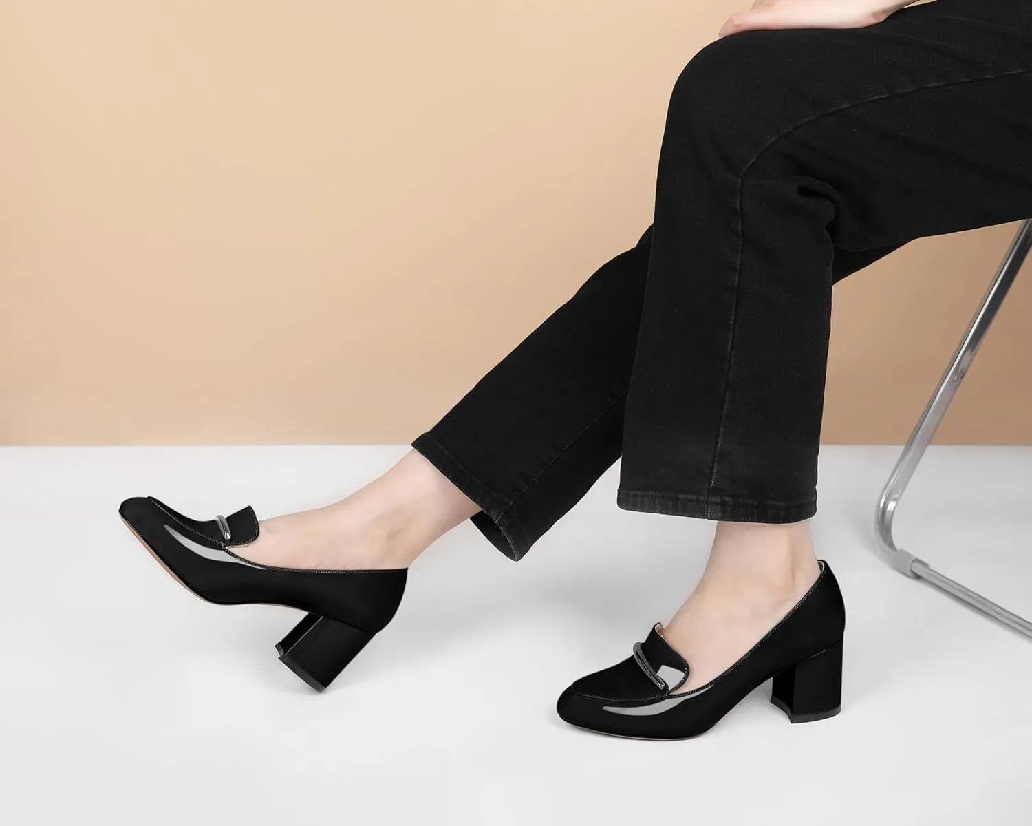 Eldof Women's Pumps Block Heel Round Toe Slip On Chunky Loafer Heel Dress Shoes Pumps for Women 2.5 Inches