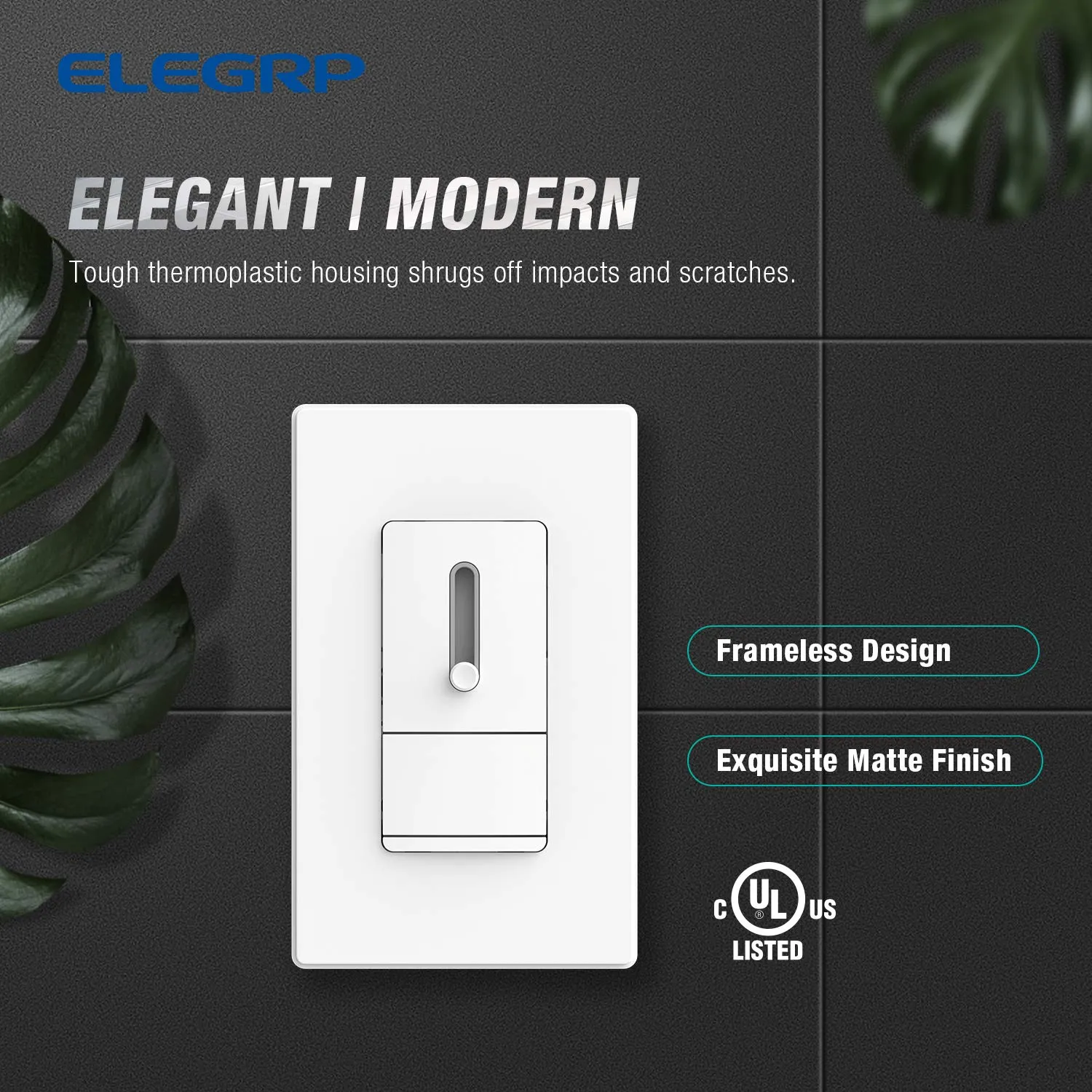 ELEGRP Slide Dimmer Switch for Dimmable LED, CFL and Incandescent Light Lamp Bulbs, Single Pole or 3-Way, Full Control with Preset, Rocker Paddle, Wall Plate Included, UL Listed (1 Pack, Matte White)