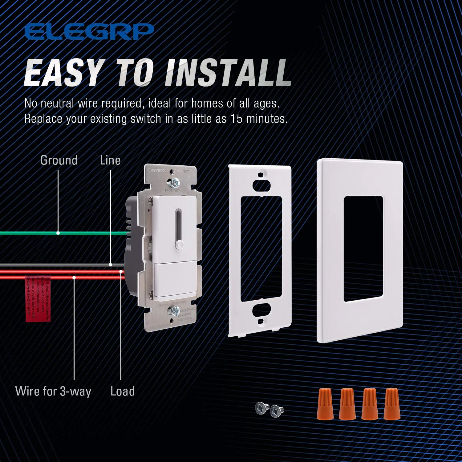ELEGRP Slide Dimmer Switch for Dimmable LED, CFL and Incandescent Light Lamp Bulbs, Single Pole or 3-Way, Full Control with Preset, Rocker Paddle, Wall Plate Included, UL Listed (1 Pack, Matte White)