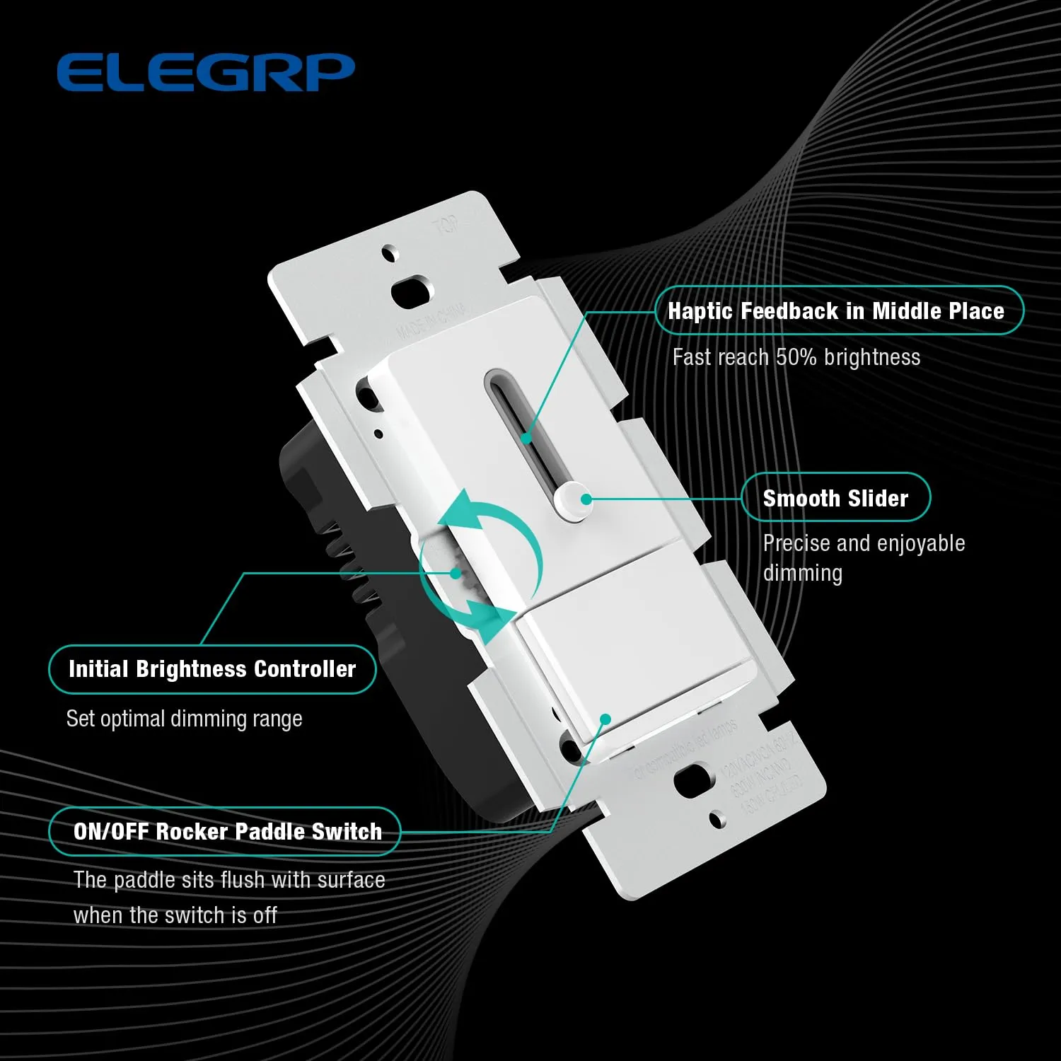 ELEGRP Slide Dimmer Switch for Dimmable LED, CFL and Incandescent Light Lamp Bulbs, Single Pole or 3-Way, Full Control with Preset, Rocker Paddle, Wall Plate Included, UL Listed (2 Pack, Matte White)