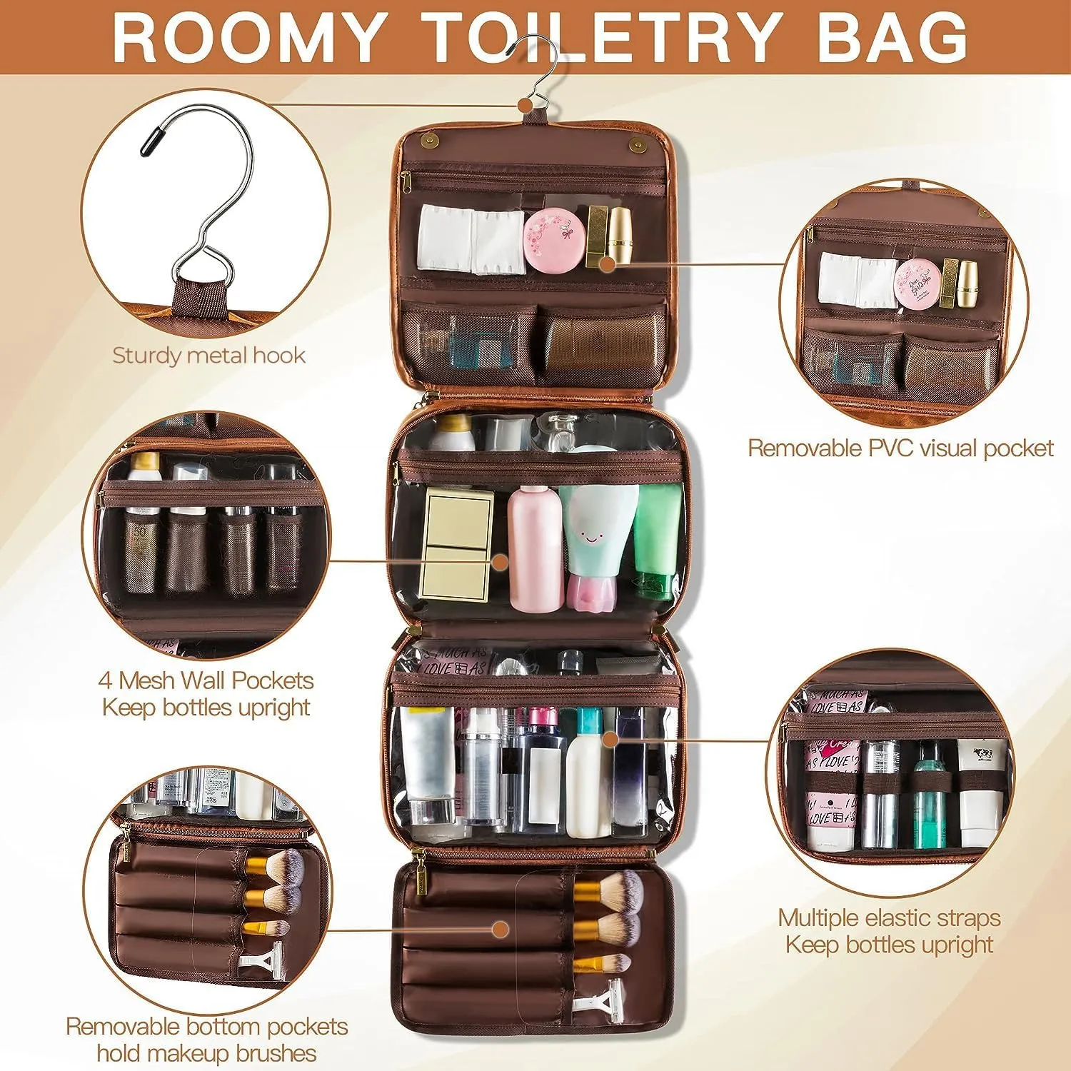 Elviros Hanging Toiletry Bag for Men Travel Essentials 3-in-1 Large Waterproof Dopp Kit PU Leather Shaving Bag with Separate Compartments for Grooming and Toiletries