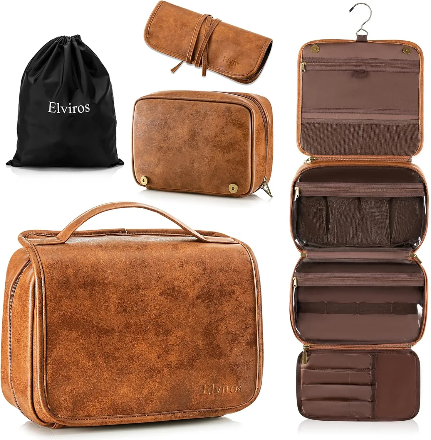 Elviros Hanging Toiletry Bag for Men Travel Essentials 3-in-1 Large Waterproof Dopp Kit PU Leather Shaving Bag with Separate Compartments for Grooming and Toiletries