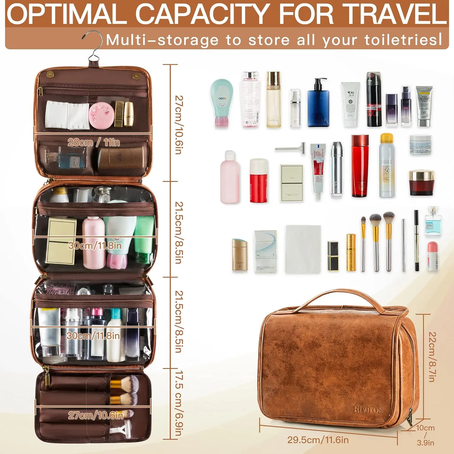 Elviros Hanging Toiletry Bag for Men Travel Essentials 3-in-1 Large Waterproof Dopp Kit PU Leather Shaving Bag with Separate Compartments for Grooming and Toiletries