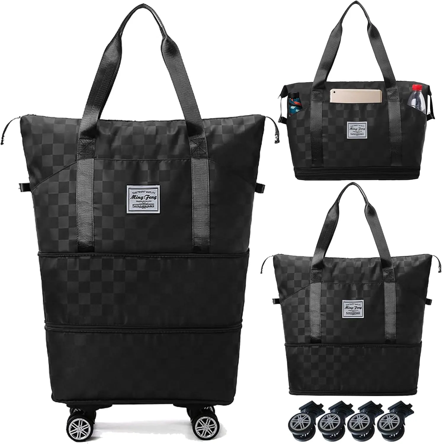 Expandable Foldable Duffel Bag Suitcases,Detachable Rolling Wheels,Rolling Duffle Bag with Wheels,Suitcases with Wheels,Carry on Luggage,for Men Women Lightweight Suitcases (Black)