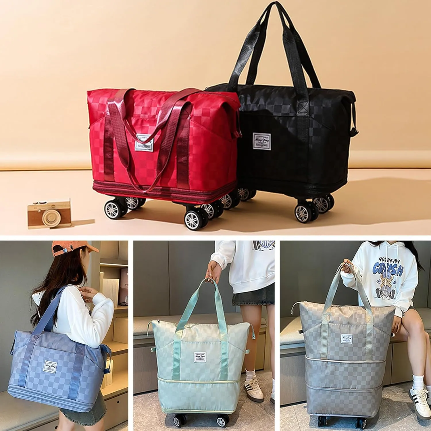 Expandable Foldable Duffel Bag Suitcases,Detachable Rolling Wheels,Rolling Duffle Bag with Wheels,Suitcases with Wheels,Carry on Luggage,for Men Women Lightweight Suitcases (Black)