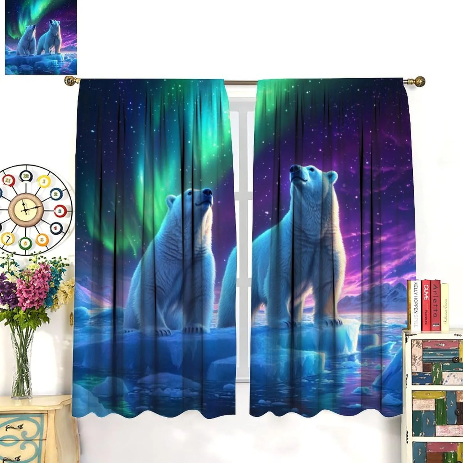 Fantasy Northern Lights Blackout Curtains for Living Room Bedroom, Polar Bear Ice Field Scenery Rod Pocket Curtains Thermal Insulated Window Drapes, 2 Panels/Each 21" W x 45" L