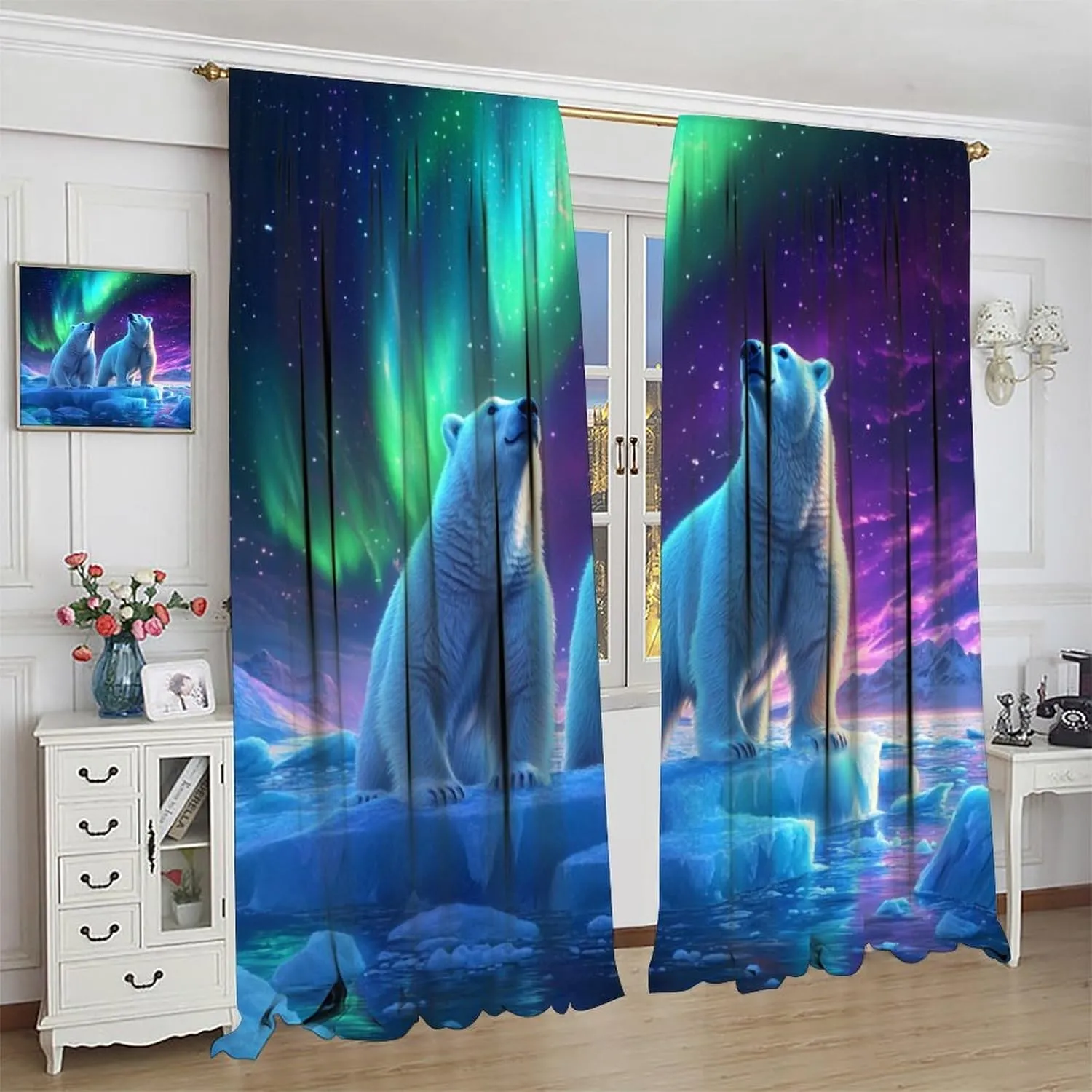 Fantasy Northern Lights Blackout Curtains for Living Room Bedroom, Polar Bear Ice Field Scenery Rod Pocket Curtains Thermal Insulated Window Drapes, 2 Panels/Each 21" W x 45" L