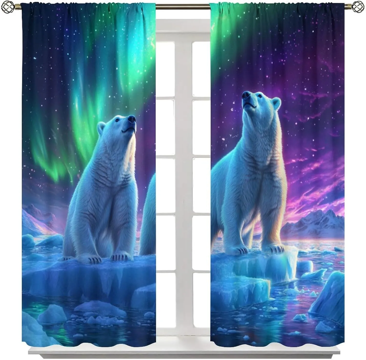 Fantasy Northern Lights Blackout Curtains for Living Room Bedroom, Polar Bear Ice Field Scenery Rod Pocket Curtains Thermal Insulated Window Drapes, 2 Panels/Each 21" W x 45" L