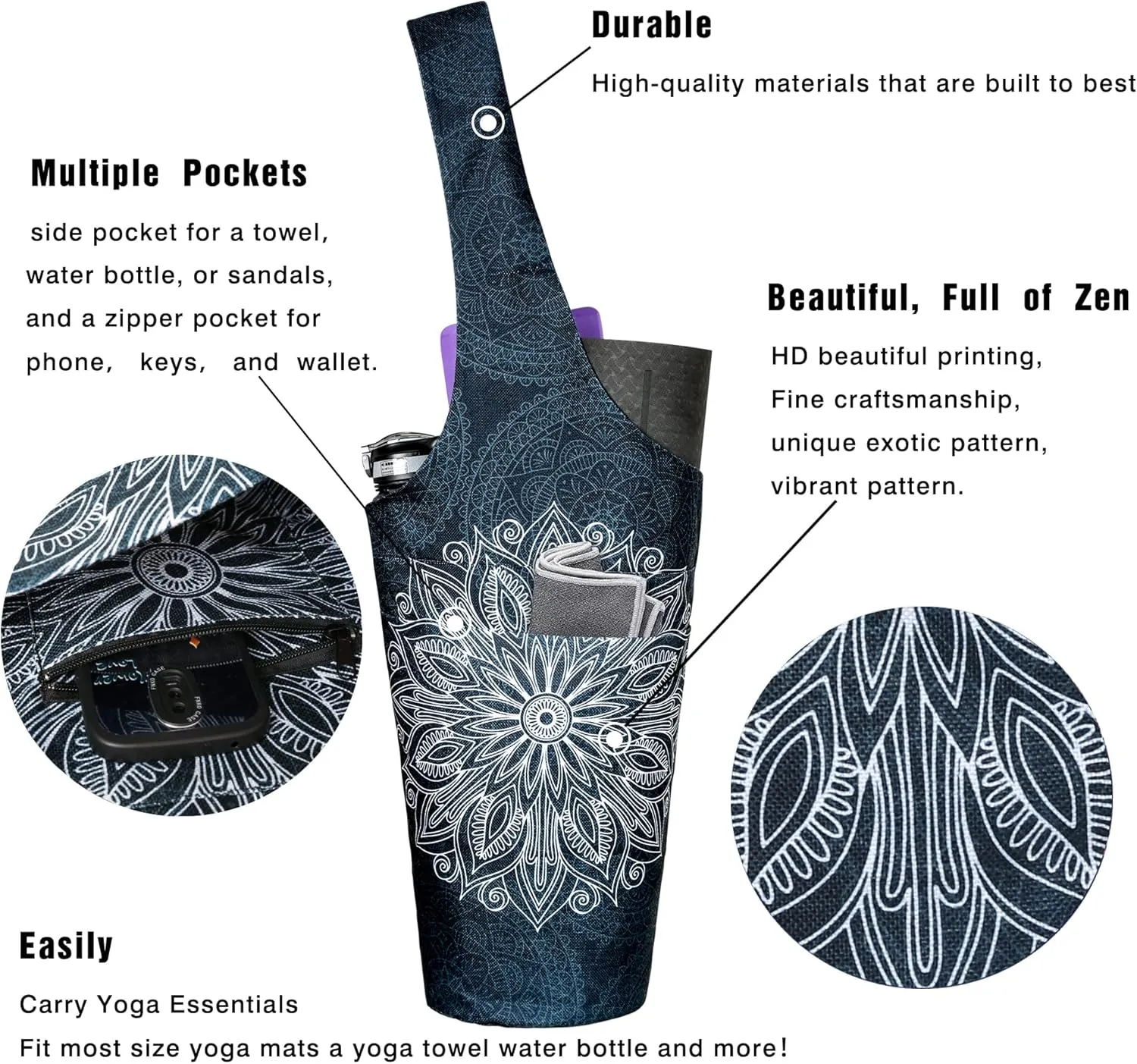 Fashion Printed Yoga Mat Bag with Large Side Pocket & Zipper Pocket Long Tote Yoga Bag Fit Most Size Mats - Holds More Yoga Accessories