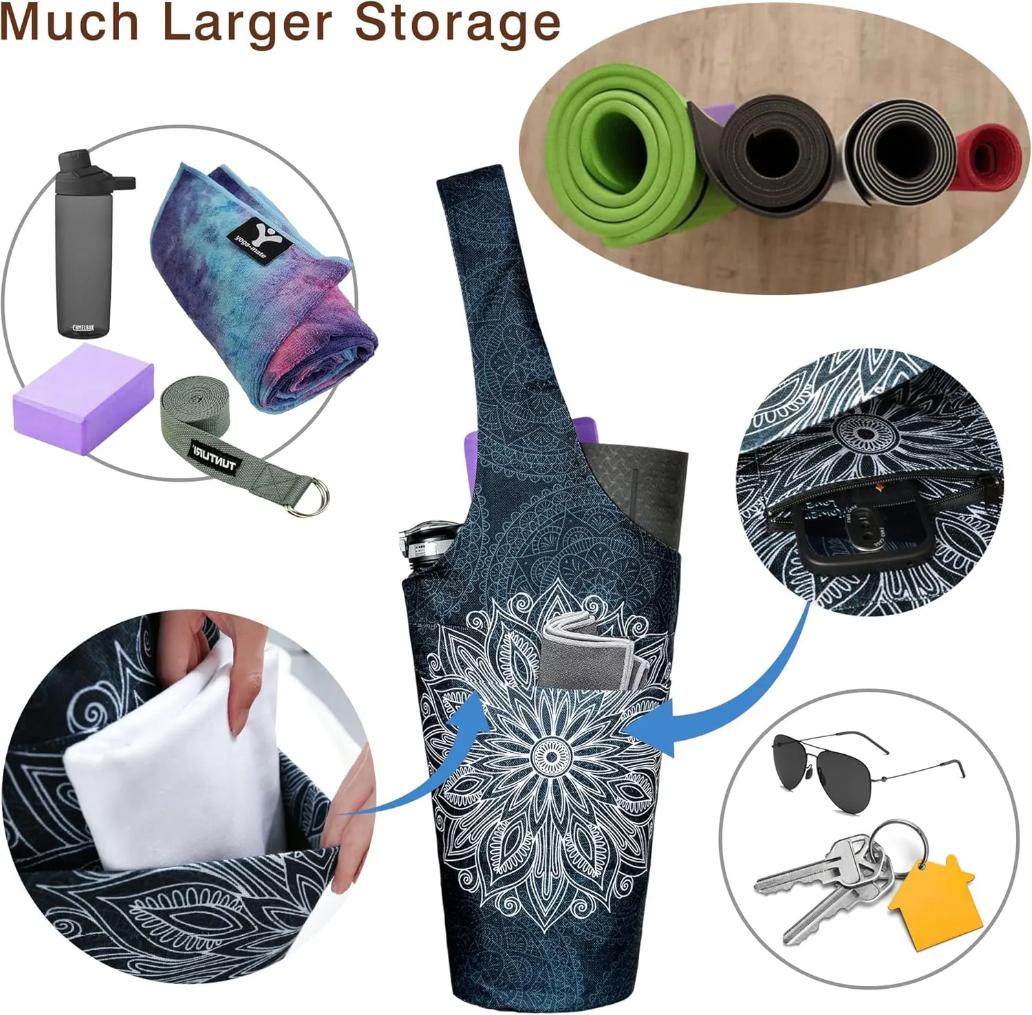 Fashion Printed Yoga Mat Bag with Large Side Pocket & Zipper Pocket Long Tote Yoga Bag Fit Most Size Mats - Holds More Yoga Accessories