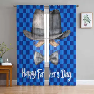 Father's Day Sheer Curtains 84 Inches Length, Hat Beard Bow Tie Blue Short Rod Pocket Light Filter Sheer Panels Privacy Semi Window Treatment Drapes for Kitchen Bedroom 2pcs, Each 52" W x 84" L