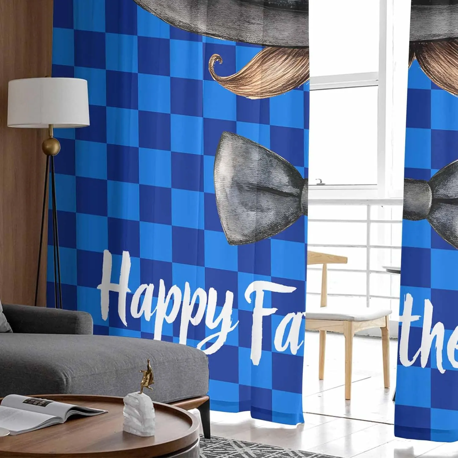 Father's Day Sheer Curtains 84 Inches Length, Hat Beard Bow Tie Blue Short Rod Pocket Light Filter Sheer Panels Privacy Semi Window Treatment Drapes for Kitchen Bedroom 2pcs, Each 52" W x 84" L