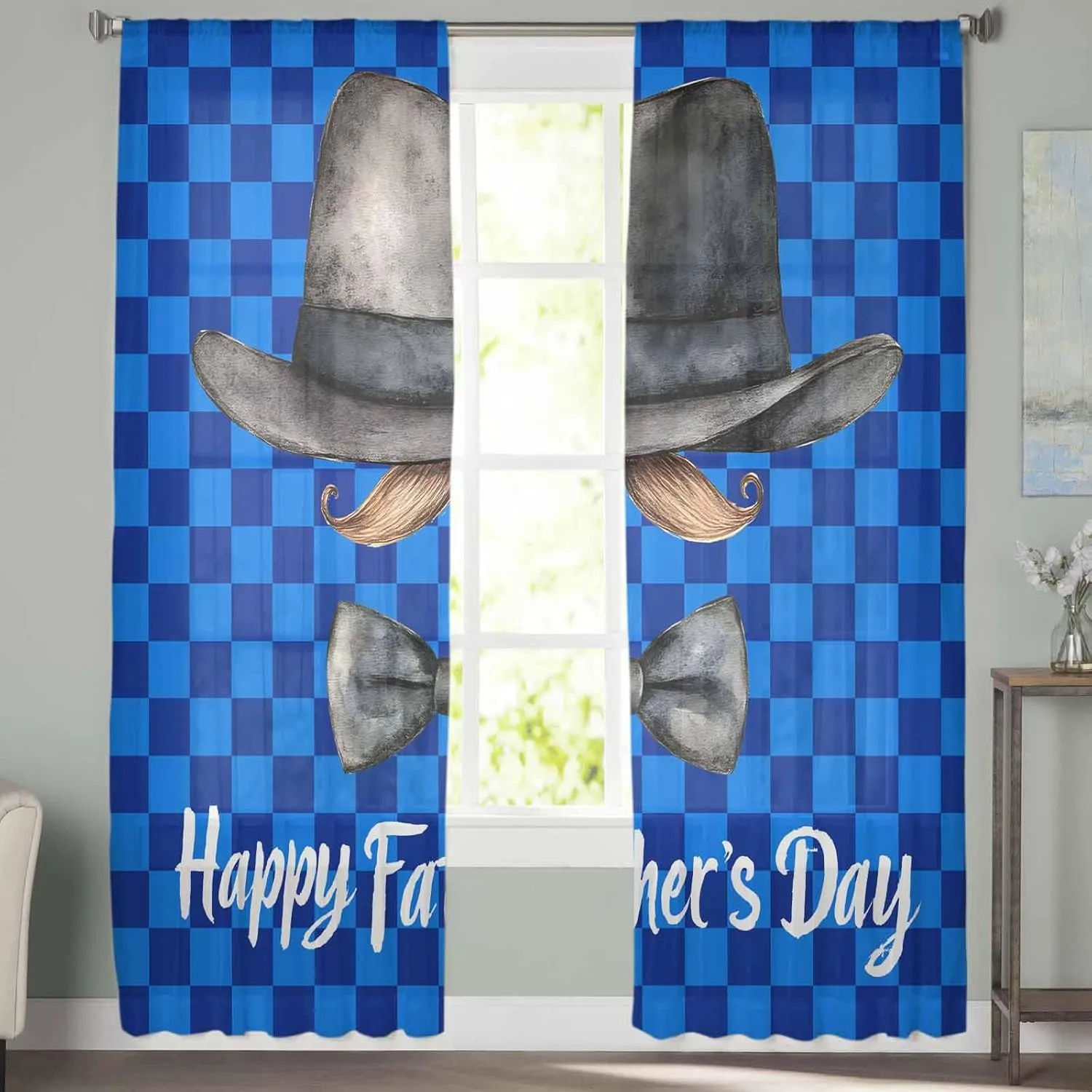 Father's Day Sheer Curtains 84 Inches Length, Hat Beard Bow Tie Blue Short Rod Pocket Light Filter Sheer Panels Privacy Semi Window Treatment Drapes for Kitchen Bedroom 2pcs, Each 52" W x 84" L