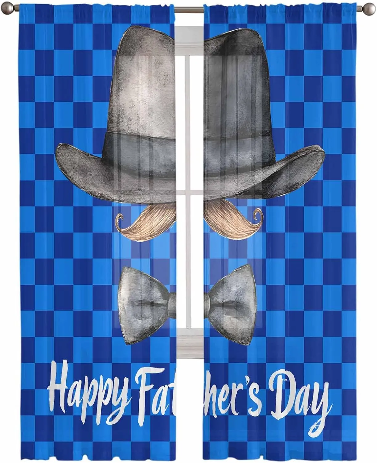 Father's Day Sheer Curtains 84 Inches Length, Hat Beard Bow Tie Blue Short Rod Pocket Light Filter Sheer Panels Privacy Semi Window Treatment Drapes for Kitchen Bedroom 2pcs, Each 52" W x 84" L