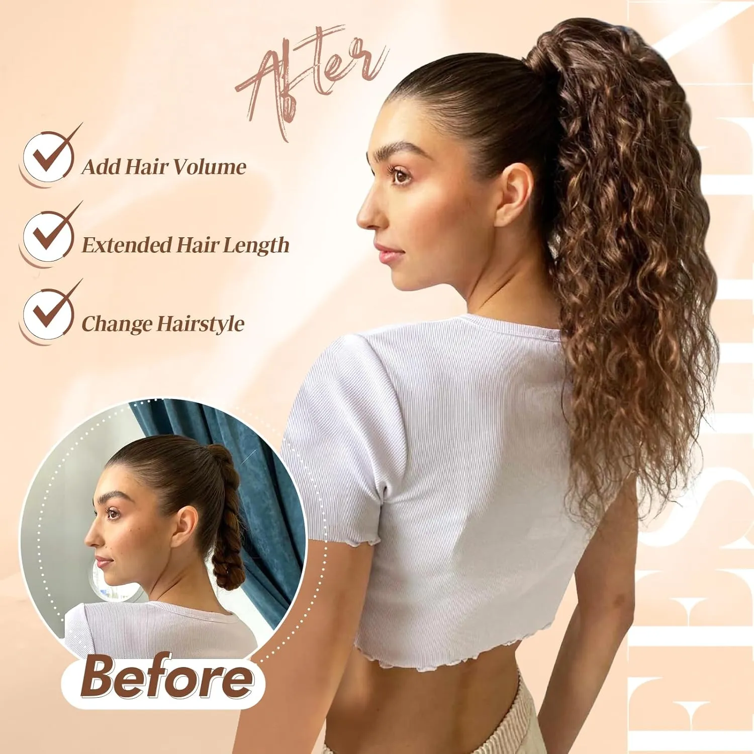FESHFEN Cheer Ponytail Extensions, 18 inch Long Curly Wavy Drawstring Ponytails Synthetic Pony Tail Hairpieces for Women, Chestnut Brown
