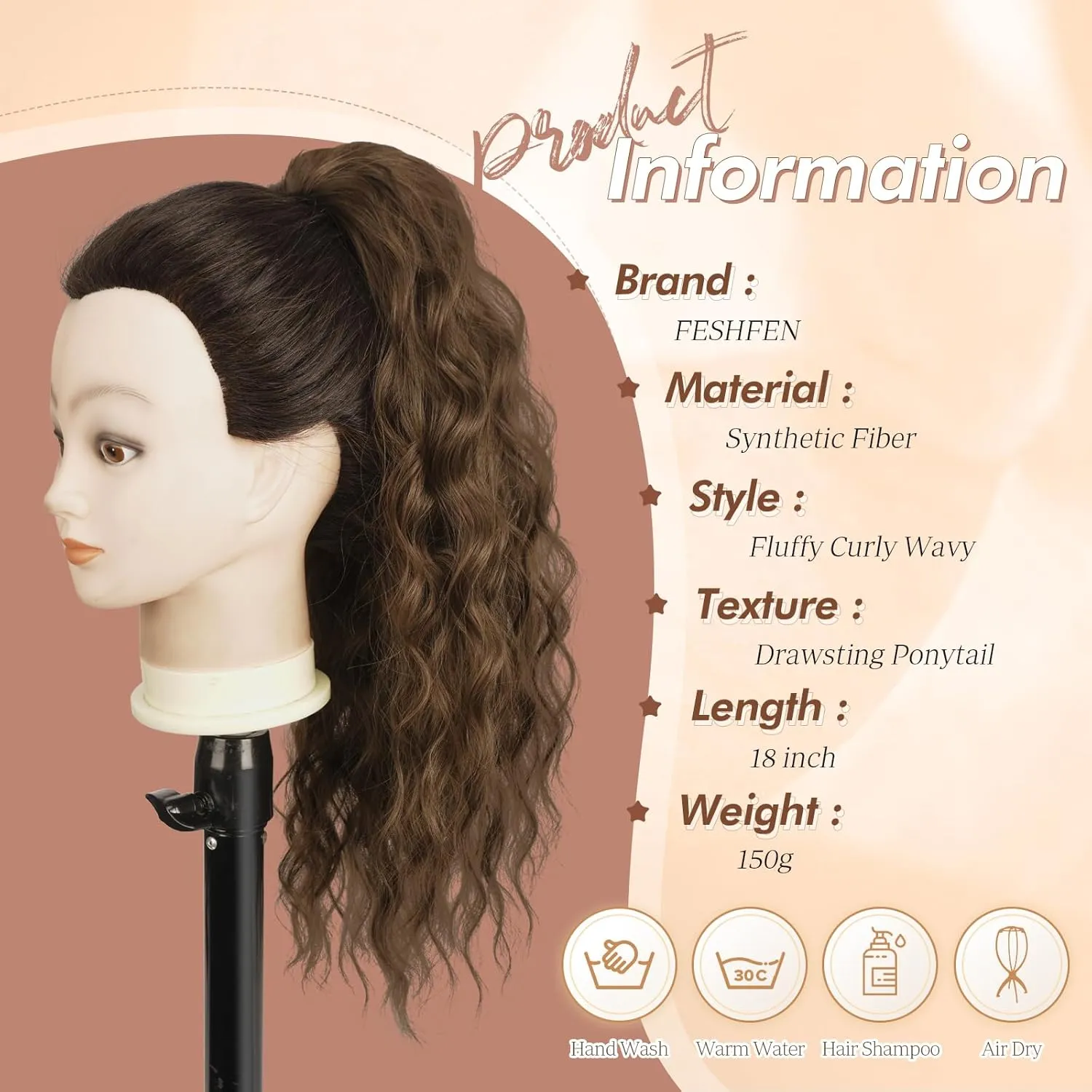 FESHFEN Cheer Ponytail Extensions, 18 inch Long Curly Wavy Drawstring Ponytails Synthetic Pony Tail Hairpieces for Women, Chestnut Brown