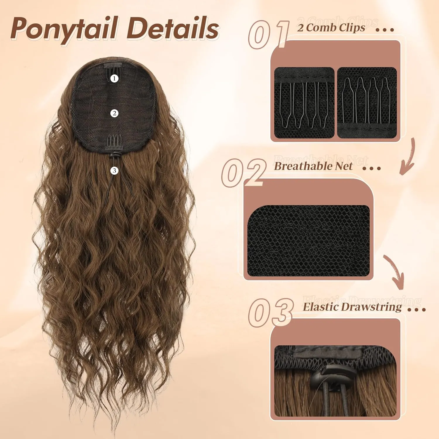 FESHFEN Cheer Ponytail Extensions, 18 inch Long Curly Wavy Drawstring Ponytails Synthetic Pony Tail Hairpieces for Women, Chestnut Brown