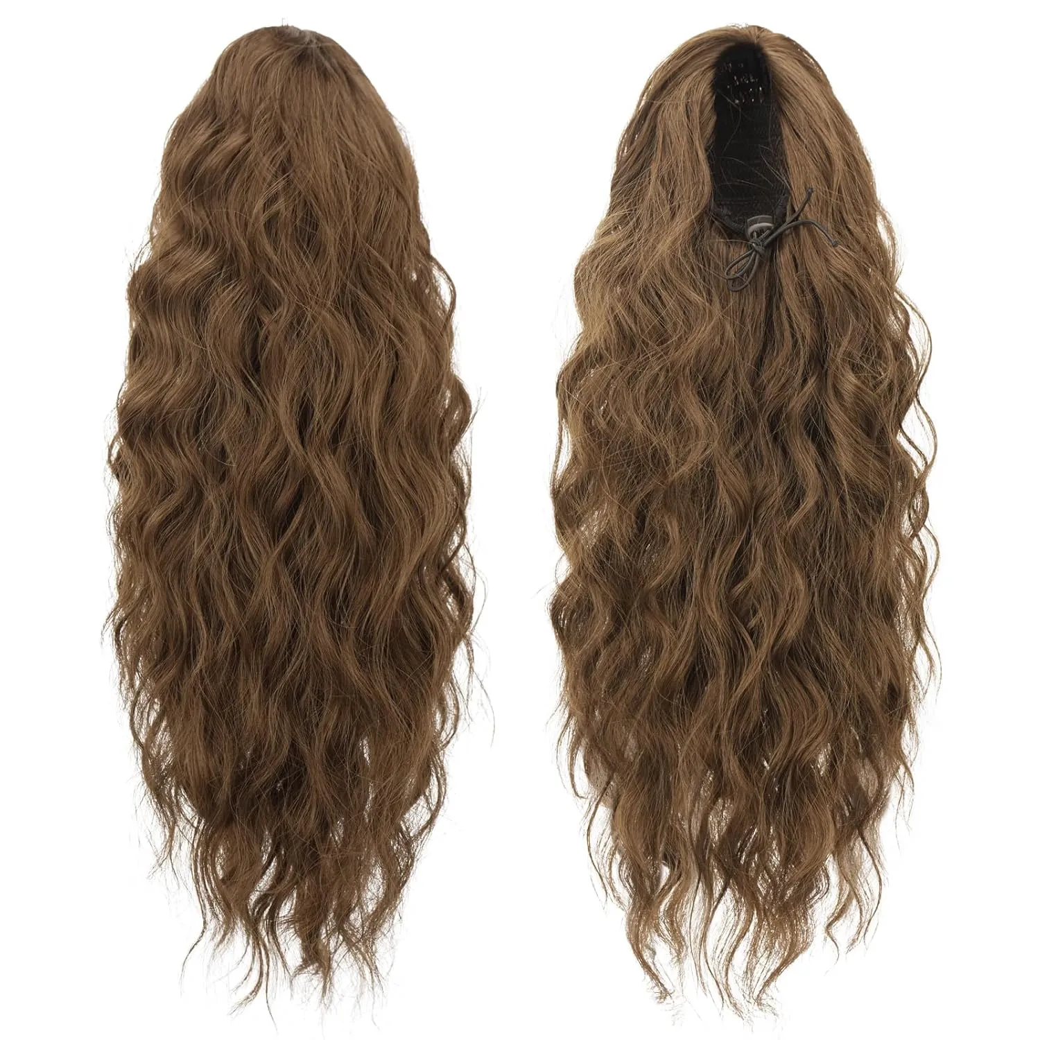 FESHFEN Cheer Ponytail Extensions, 18 inch Long Curly Wavy Drawstring Ponytails Synthetic Pony Tail Hairpieces for Women, Chestnut Brown