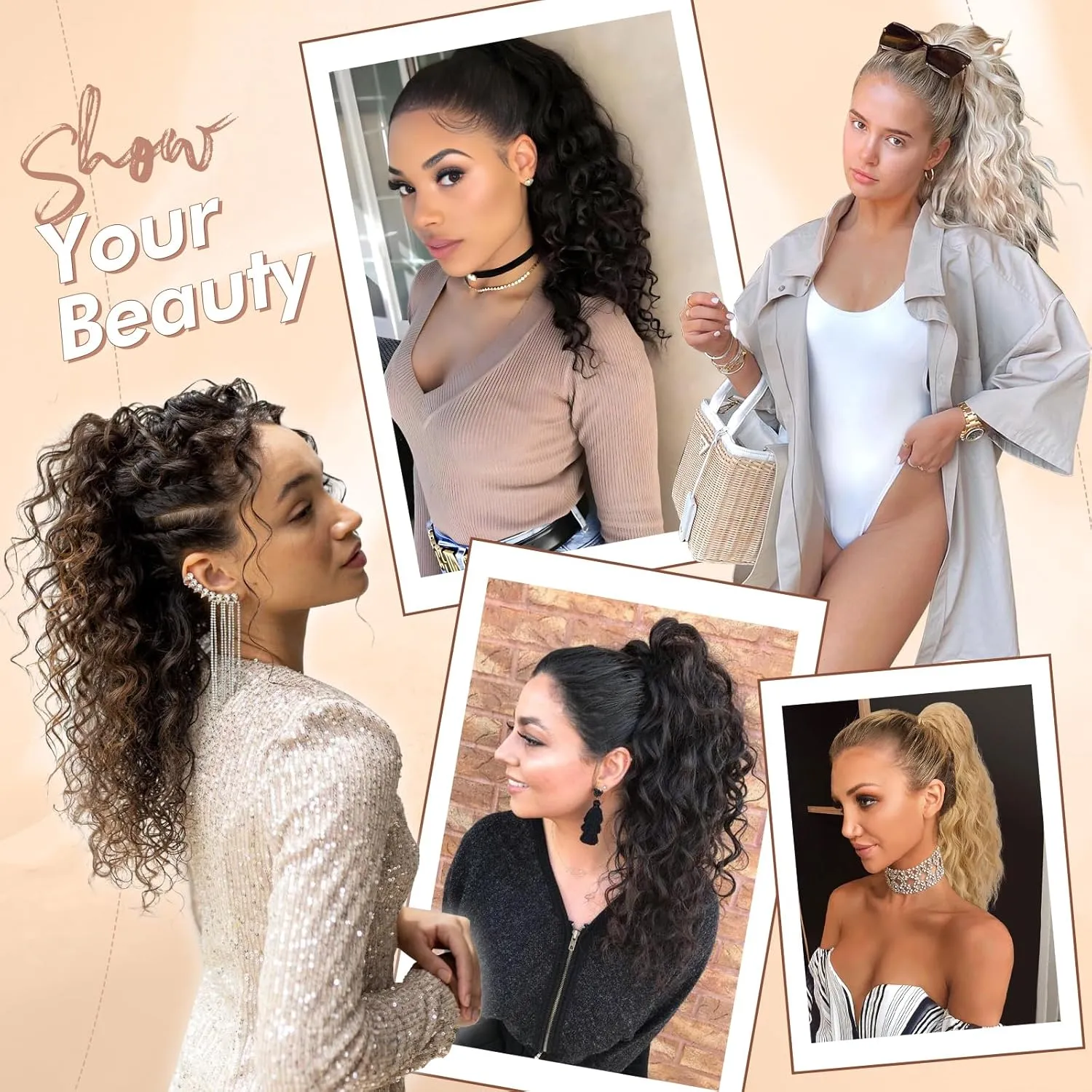 FESHFEN Cheer Ponytail Extensions, 18 inch Long Curly Wavy Drawstring Ponytails Synthetic Pony Tail Hairpieces for Women, Chestnut Brown