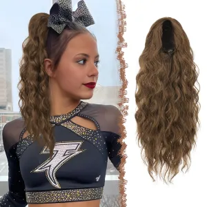 FESHFEN Cheer Ponytail Extensions, 18 inch Long Curly Wavy Drawstring Ponytails Synthetic Pony Tail Hairpieces for Women, Chestnut Brown