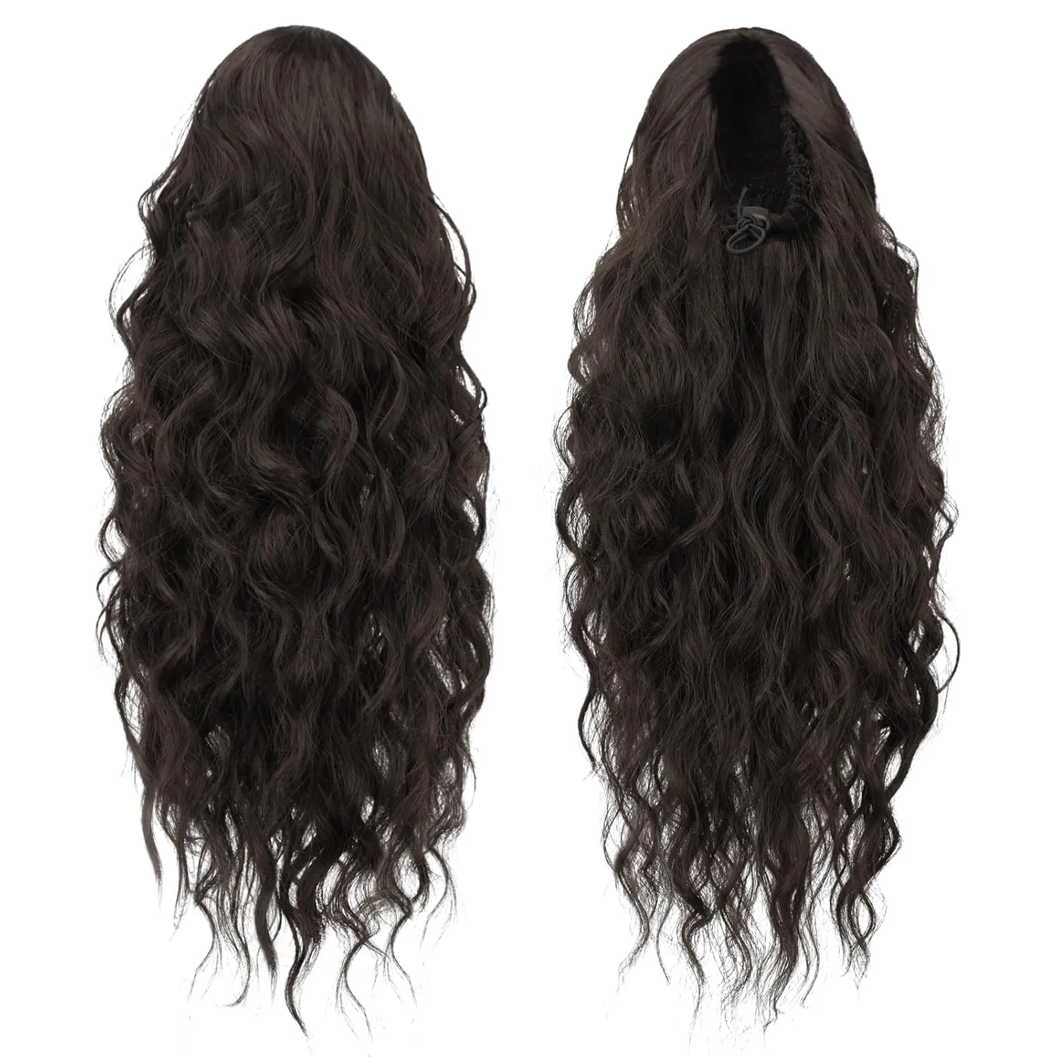 FESHFEN Cheer Ponytail Extensions, Long Curly Wavy Drawstring Ponytails Synthetic Pony Tail Hairpieces for Women, Dark Brown 18 inch