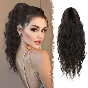 FESHFEN Cheer Ponytail Extensions, Long Curly Wavy Drawstring Ponytails Synthetic Pony Tail Hairpieces for Women, Dark Brown 18 inch