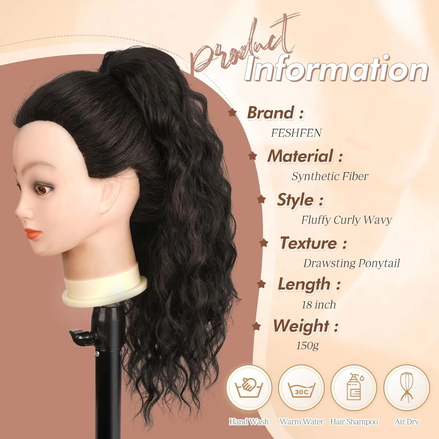 FESHFEN Cheer Ponytail Extensions, Long Curly Wavy Drawstring Ponytails Synthetic Pony Tail Hairpieces for Women, Dark Brown 18 inch