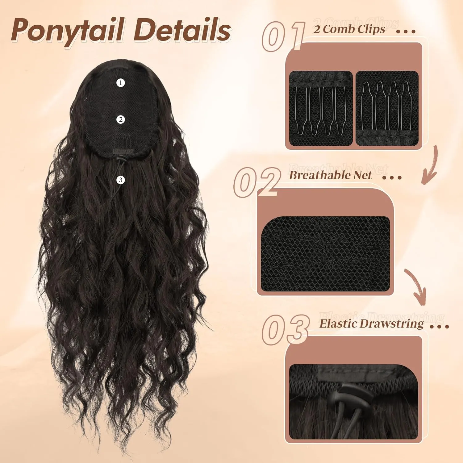 FESHFEN Cheer Ponytail Extensions, Long Curly Wavy Drawstring Ponytails Synthetic Pony Tail Hairpieces for Women, Dark Brown 18 inch
