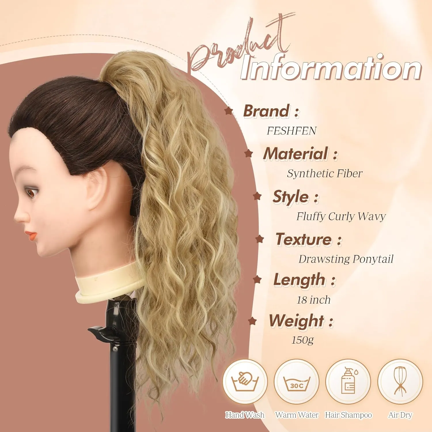 FESHFEN Ponytail Extensions, 18 inch Long Curly Wavy Drawstring Ponytails Synthetic Pony Tail Hairpieces for Women, Dirty Blonde