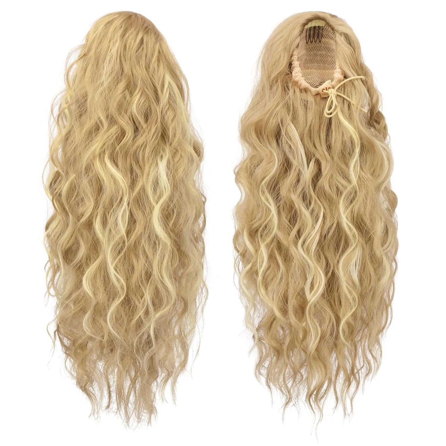 FESHFEN Ponytail Extensions, 18 inch Long Curly Wavy Drawstring Ponytails Synthetic Pony Tail Hairpieces for Women, Dirty Blonde