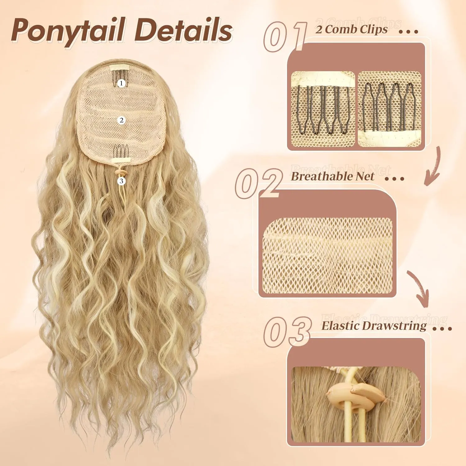 FESHFEN Ponytail Extensions, 18 inch Long Curly Wavy Drawstring Ponytails Synthetic Pony Tail Hairpieces for Women, Dirty Blonde