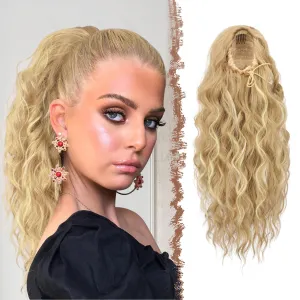 FESHFEN Ponytail Extensions, 18 inch Long Curly Wavy Drawstring Ponytails Synthetic Pony Tail Hairpieces for Women, Dirty Blonde