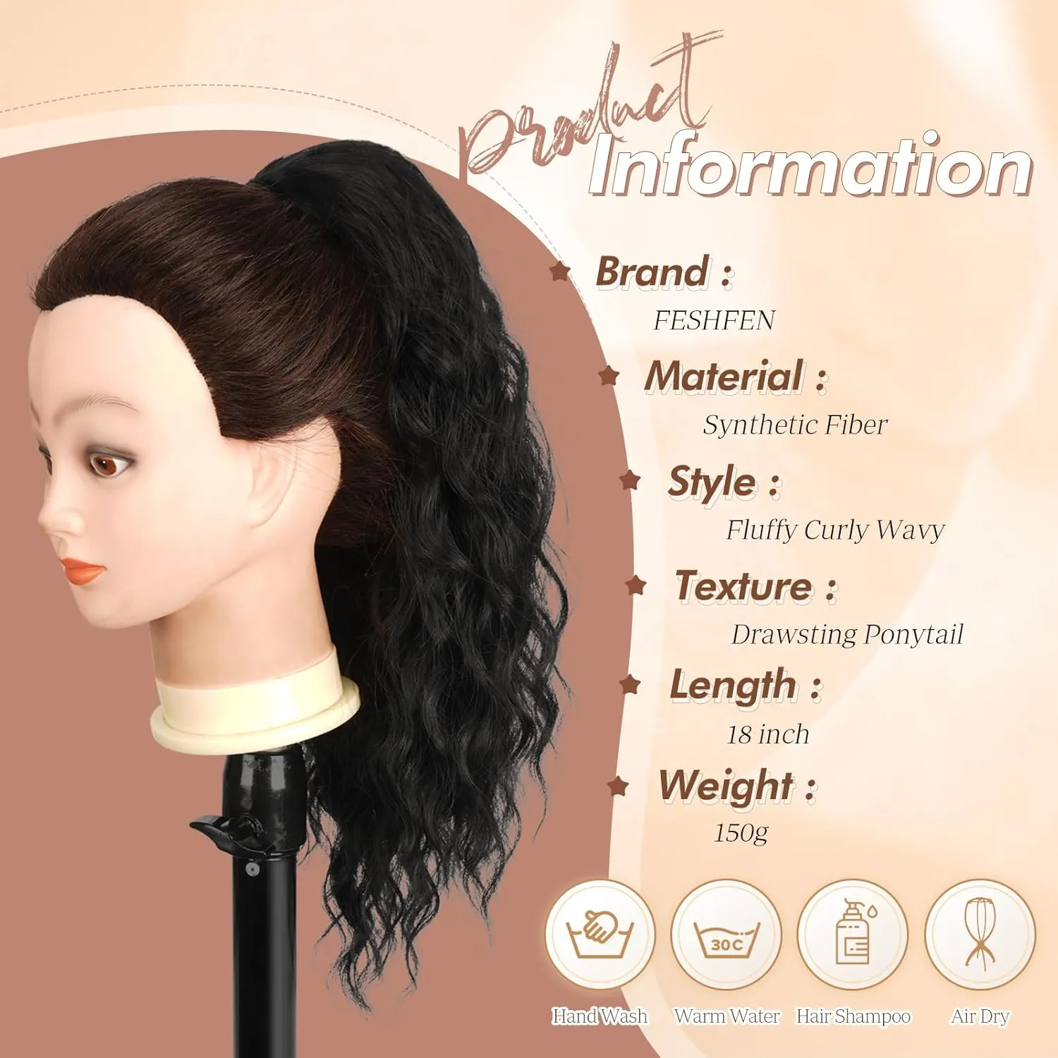FESHFEN Ponytail Extensions, Long Curly Wavy Drawstring Ponytails Fluffy Clip in Pony Tail Hair Piece Synthetic Hairpieces for Women, 18 inch Black