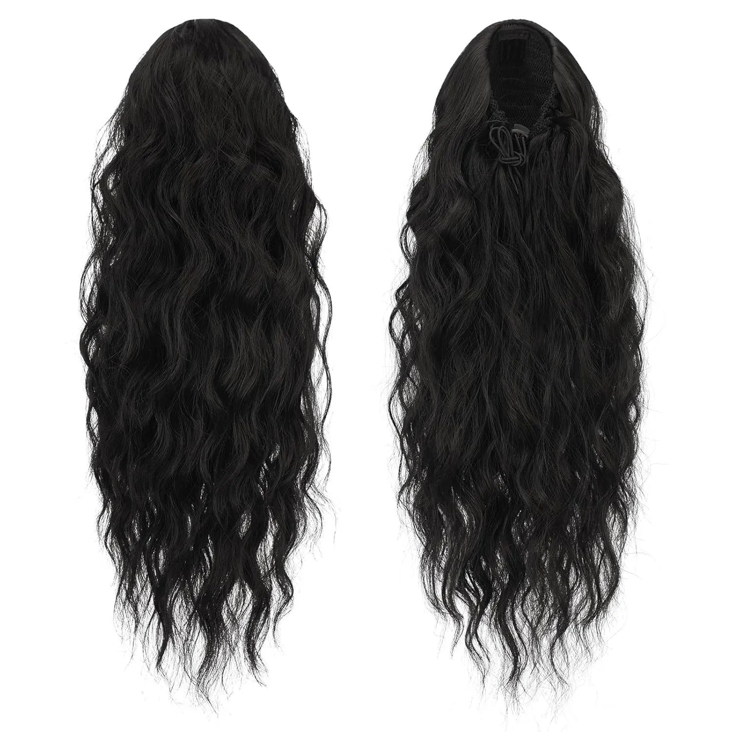 FESHFEN Ponytail Extensions, Long Curly Wavy Drawstring Ponytails Fluffy Clip in Pony Tail Hair Piece Synthetic Hairpieces for Women, 18 inch Black