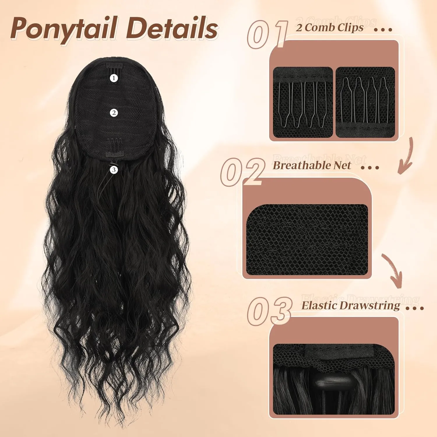 FESHFEN Ponytail Extensions, Long Curly Wavy Drawstring Ponytails Fluffy Clip in Pony Tail Hair Piece Synthetic Hairpieces for Women, 18 inch Black