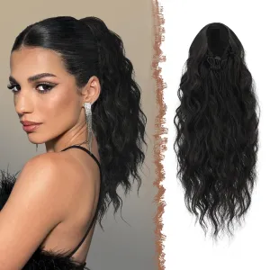 FESHFEN Ponytail Extensions, Long Curly Wavy Drawstring Ponytails Fluffy Clip in Pony Tail Hair Piece Synthetic Hairpieces for Women, 18 inch Black