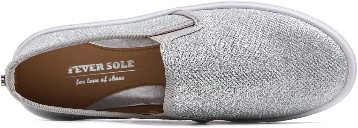 FEVERSOLE Women's Fashion Shiny Soft Slip On Sneaker Sparkle Casual Comfort Loafers