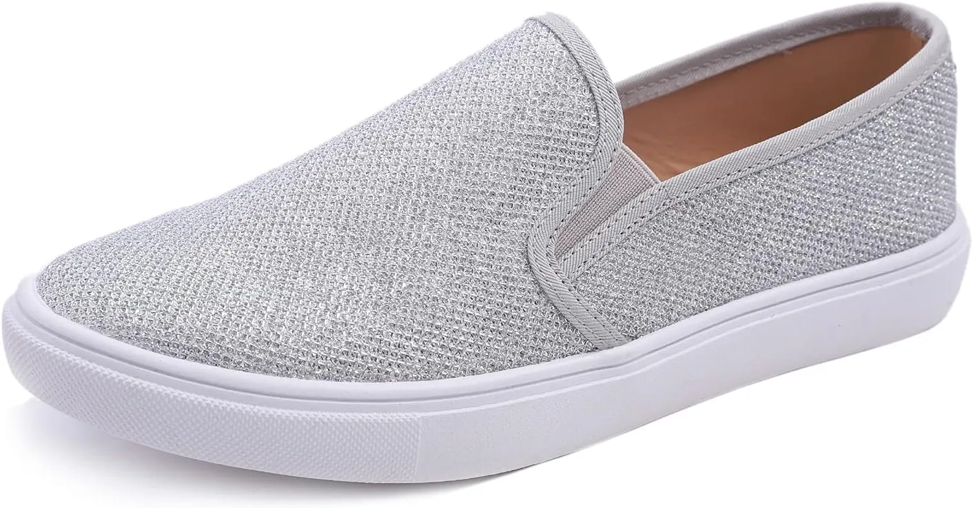 FEVERSOLE Women's Fashion Shiny Soft Slip On Sneaker Sparkle Casual Comfort Loafers