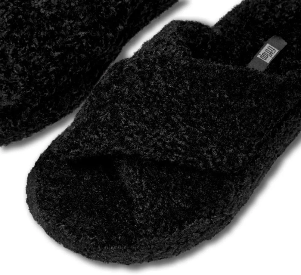 FitFlop Women's Iqushion D-Luxe Padded Teddy Cross Slides Wedge Sandal