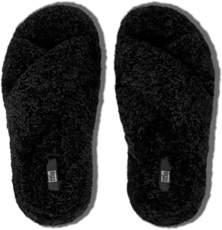 FitFlop Women's Iqushion D-Luxe Padded Teddy Cross Slides Wedge Sandal