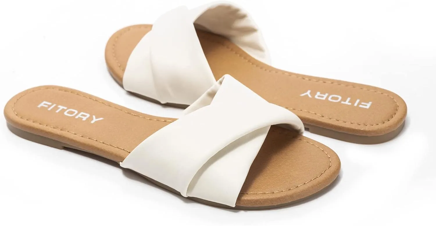 FITORY Women's Flat Sandals Fashion Slides With Soft Leather Slippers for Summer Size 6-11