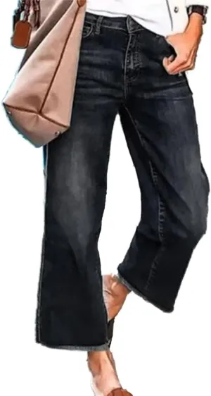 Flamingals Straight Wide Leg Jeans for Women Mid Waisted Casual Raw Hem Denim Capris Pants with Pockets