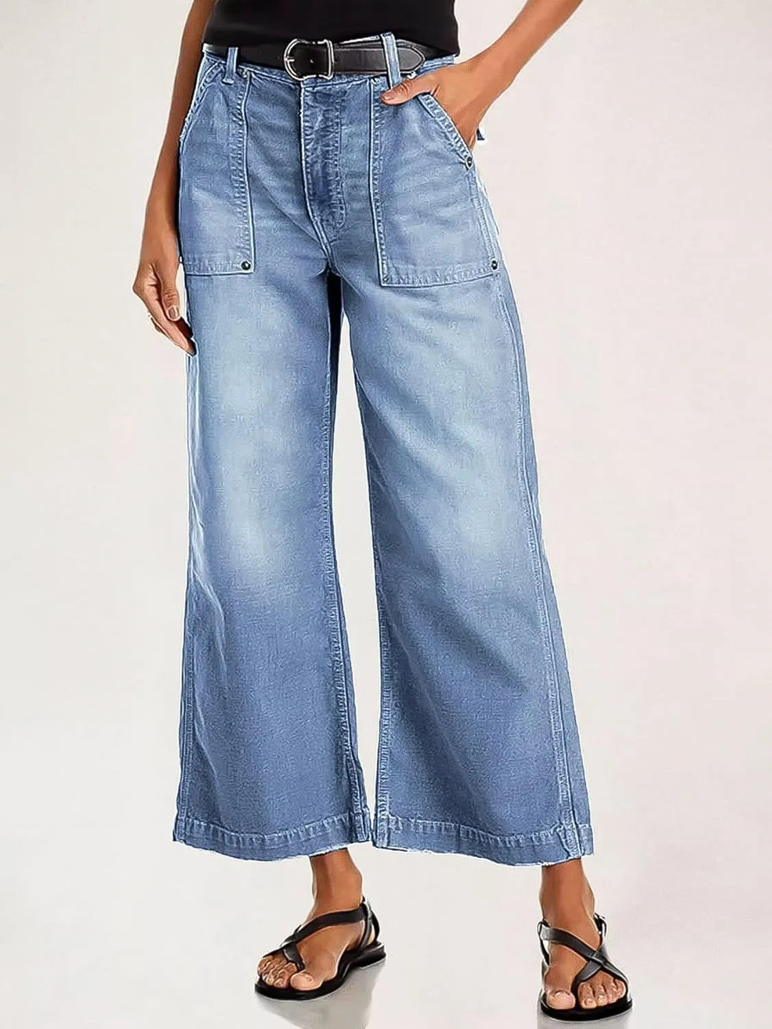 Flamingals Straight Wide Leg Jeans for Women Mid Waisted Casual Raw Hem Denim Capris Pants with Pockets